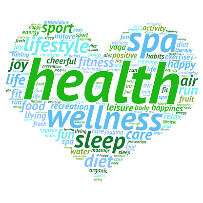 Word cloud in shape of heart with words related to healthy lifestyle isolated on white background.
