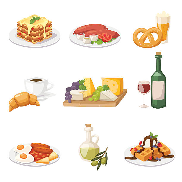 ilustrações de stock, clip art, desenhos animados e ícones de conjunto de alimentos frescos de manhã. mulher europeia ilustração vetorial de pequeno-almoço - coffee fried egg breakfast toast