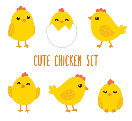 Cute cartoon chicken set. Funny yellow chickens in different poses, vector illustration.