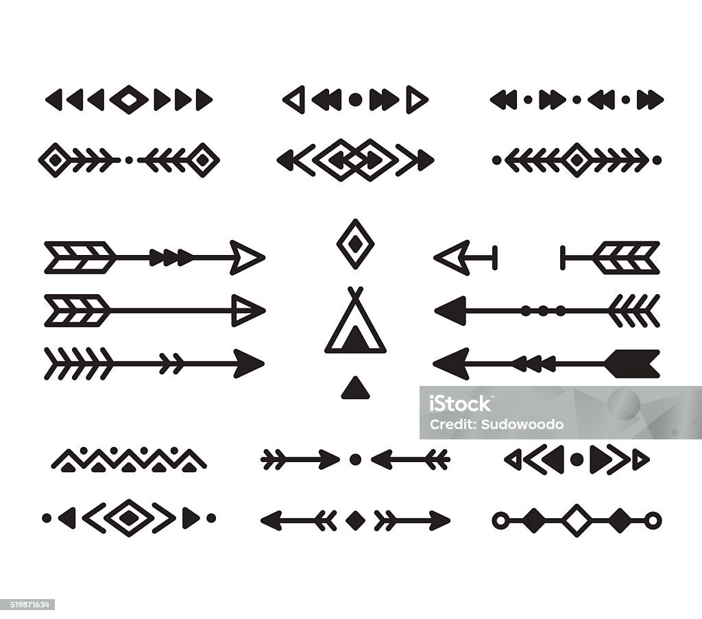 Native design elements Native American Indian design elements set. Borders, arrows, ornaments and other symbols. Tribal vector elements in modern geometric style. Arrow Symbol stock vector