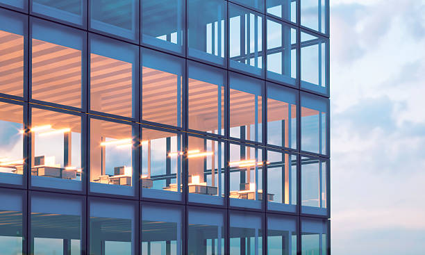 istock Photo of skyscraper tower.High floor office, interior in evening 519873076