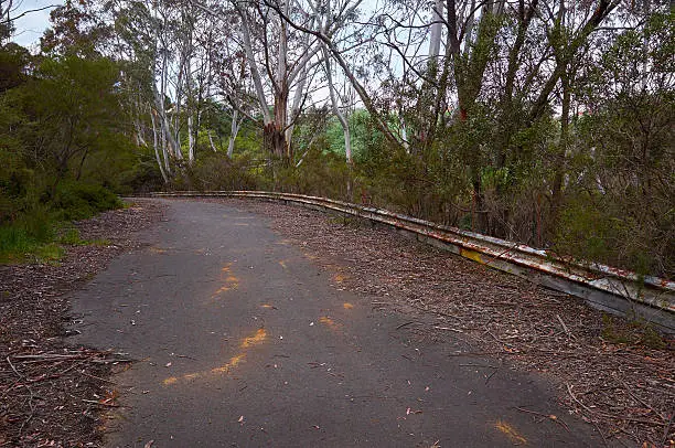 Rusty railing at an abandoned raceway in Katoomba, Blue Mountains, Australia