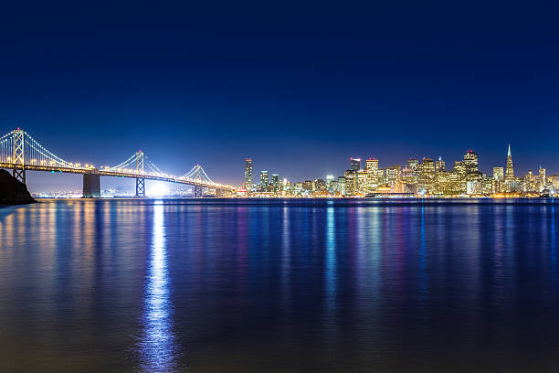 San Francisco sunset skyline and Bay Bridge in California with reflection in bay water USA