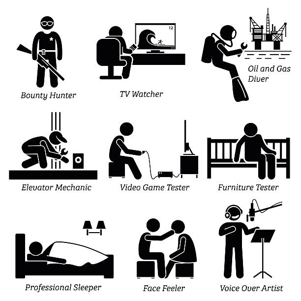 Weird Unusual Odd Job Careers and Occupations Illustrations Vector set stick figure pictogram representing weird and unusual jobs that includes bounty hunter, tv watcher, oil and gas diver, elevator mechanic, video game tester, furniture tester, professional sleeper, face feeler, and voice over artist. bounty hunter stock illustrations