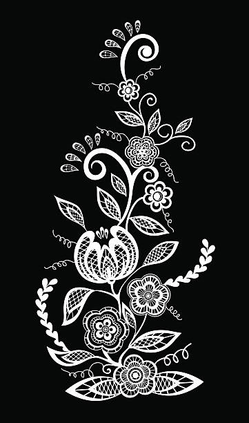 아름다운 흑백 흑백 꽃 및 잎 격리됨에. - lace textile black asian ethnicity stock illustrations