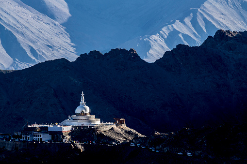 Buddhist stupa amidst the mountains in the himalayas in India