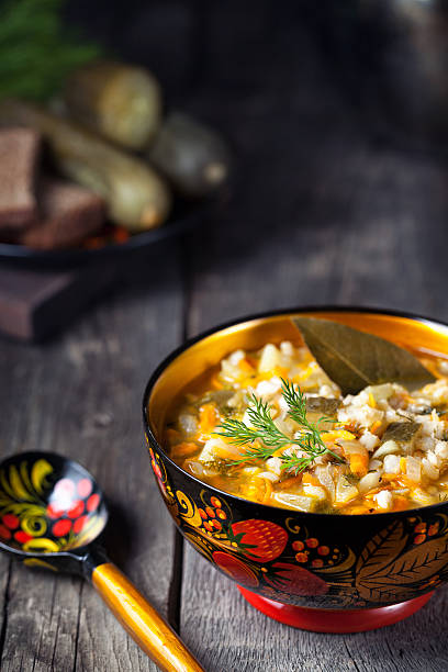 Russian pickle vegan soup in rustic style