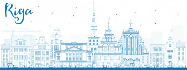 Vector illustration of Outline Riga Skyline with Blue Landmarks.