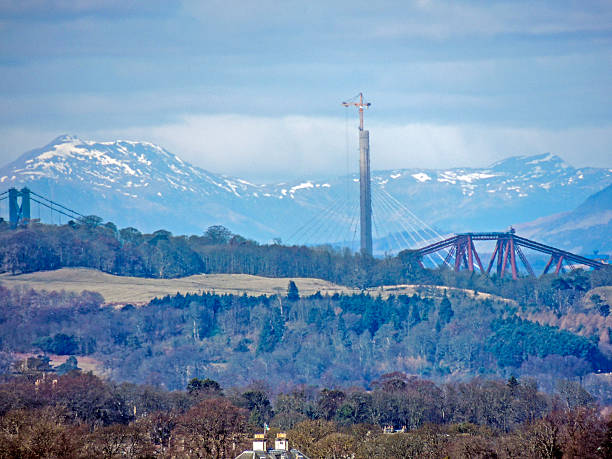 Snowy hills and Forth Bridge, Scotland