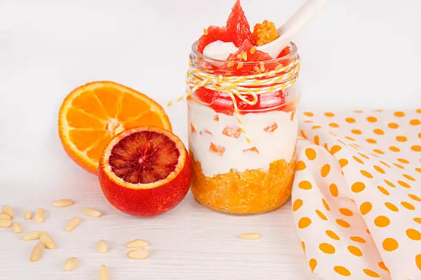 healthy breakfast in a jar. Quinoa, cream cheese, fruits. The concept of healthy proper nutrition for the whole family.