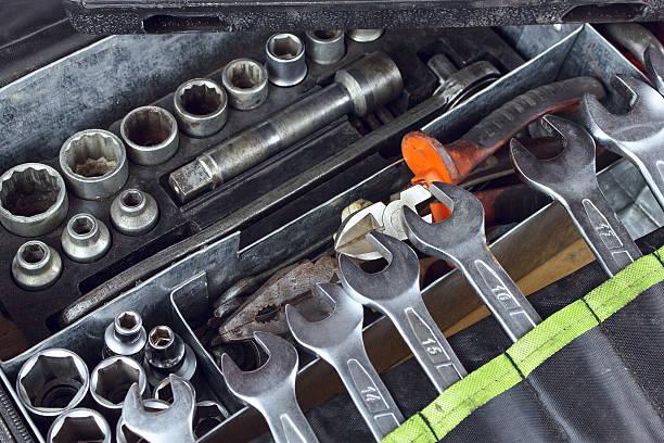 istock Dirty set of hand tools on a vintage background 519897944