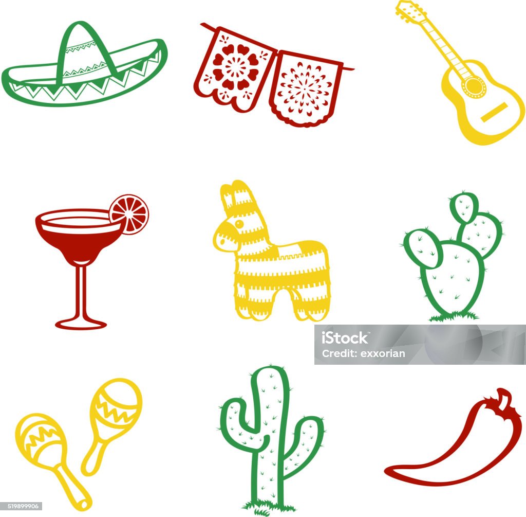 Five May Doddle Cinco de mayo's doddle icons and symbols, included sombrero, margarita drink, jalapeno, cactus, guitar and maracas. Cinco de Mayo stock vector