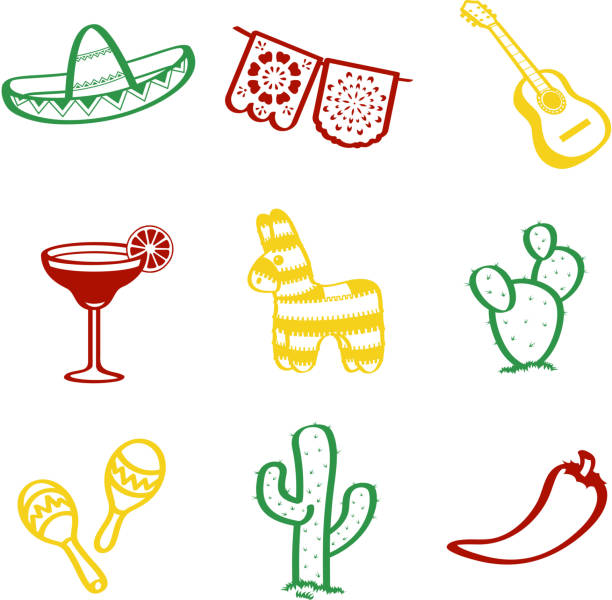 Five May Doddle Cinco de mayo's doddle icons and symbols, included sombrero, margarita drink, jalapeno, cactus, guitar and maracas. maraca stock illustrations