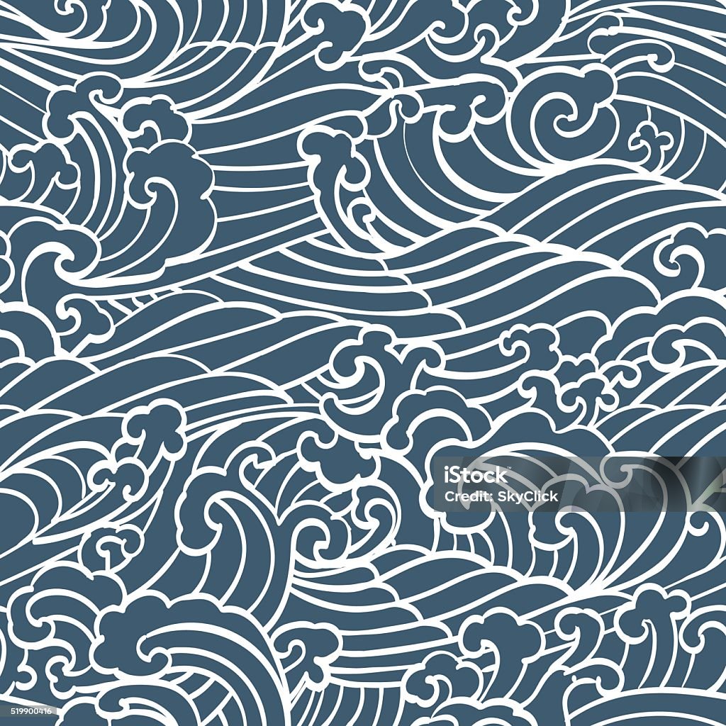 Pattern Seamless Ocean Waves hand draw Pattern Seamless Ocean Waves hand draw asian style white hand drawn on a blue background Wave Pattern stock vector