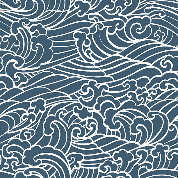 Pattern Seamless Ocean Waves hand draw Pattern Seamless Ocean Waves hand draw asian style white hand drawn on a blue background tattoo patterns stock illustrations