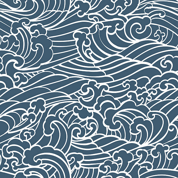 Pattern Seamless Ocean Waves hand draw Pattern Seamless Ocean Waves hand draw asian style white hand drawn on a blue background tattoo seamless texture stock illustrations