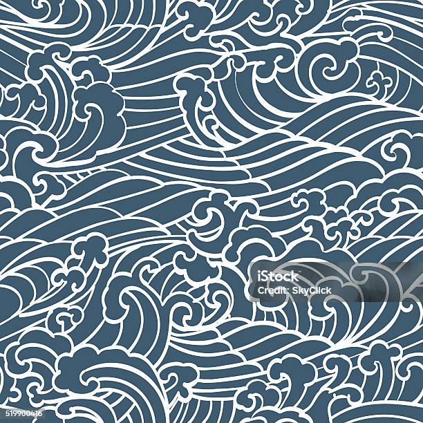 Pattern Seamless Ocean Waves Hand Draw Stock Illustration - Download Image Now - Wave Pattern, Japan, Wave - Water