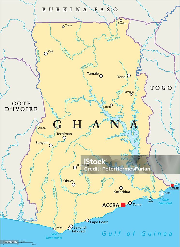 Ghana Political Map Ghana Political Map with capital Accra, national borders, most important cities, rivers and lakes. English labeling and scaling. Illustration. Ghana stock vector