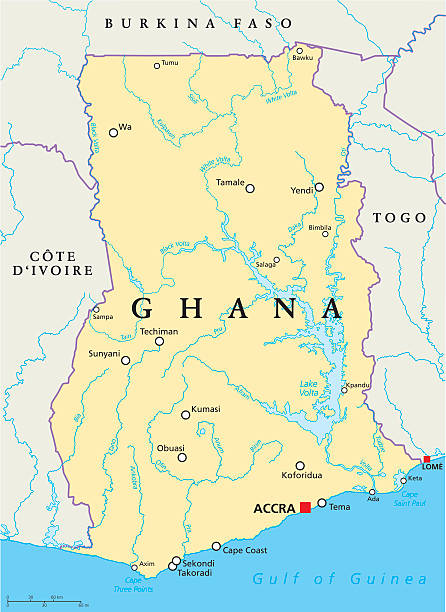 Ghana Political Map Ghana Political Map with capital Accra, national borders, most important cities, rivers and lakes. English labeling and scaling. Illustration. togo stock illustrations