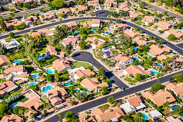 Scottsdale Phoenix Arizona suburban housing development neighborhood - aerial view residential area aerial near Phoenix Arizona, Scottsdale Ranch area helicopter point of view photos stock pictures, royalty-free photos & images