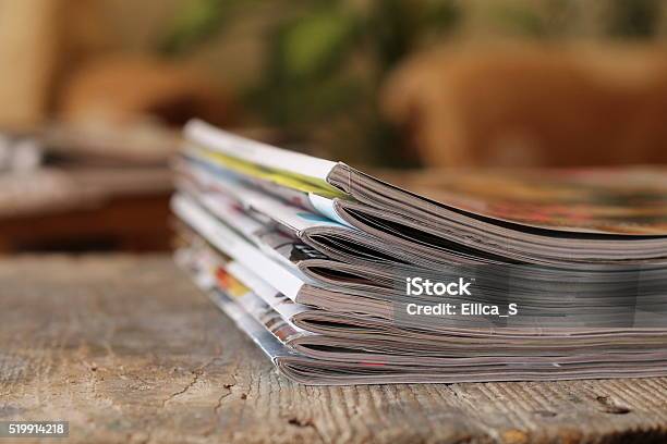 Magazines On The Wooden Table Stock Photo - Download Image Now - Magazine - Publication, Table, Education