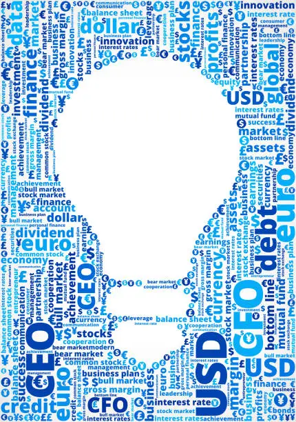 Vector illustration of Light Bulb on Business and Finance Word Cloud