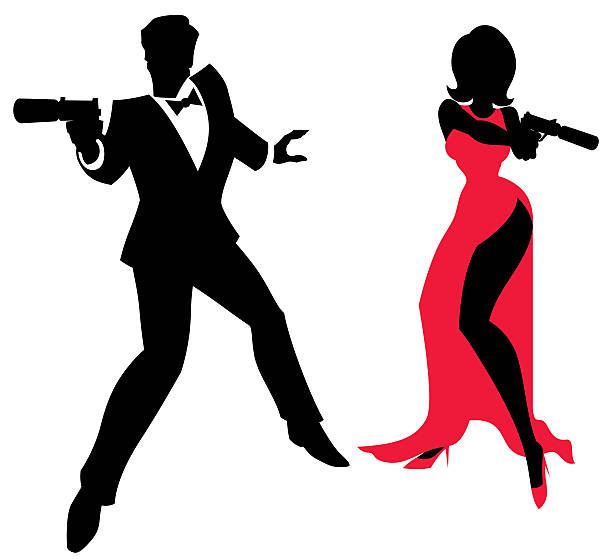 ilustraciones, imágenes clip art, dibujos animados e iconos de stock de pareja de espías - silhouette security staff spy security