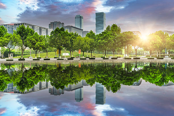 green office block of shanghai green office block of shanghai, china. green lakes stock pictures, royalty-free photos & images