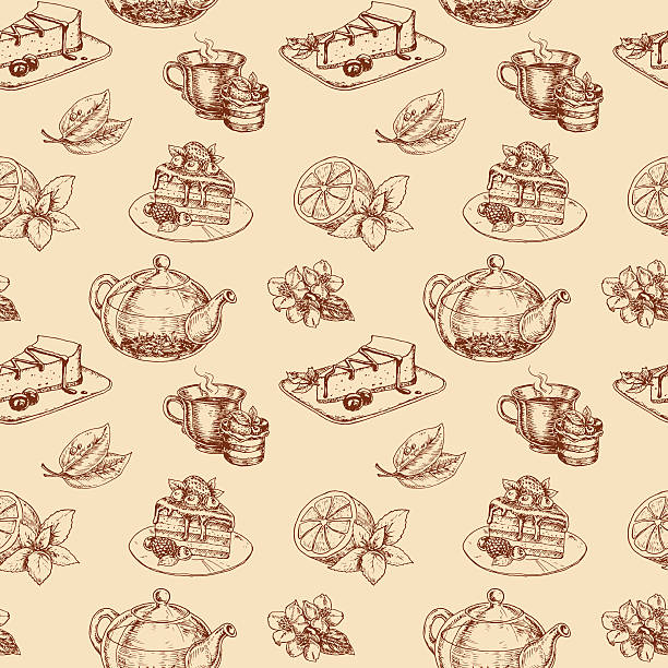 illustrations, cliparts, dessins animés et icônes de motif sans couture avec les éléments de thé et friandises - tea cake