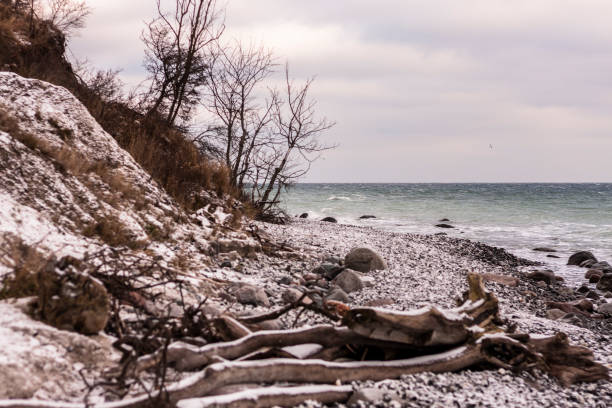 neve praia no mar do norte - rugen island baltic sea germany white cliffs - fotografias e filmes do acervo