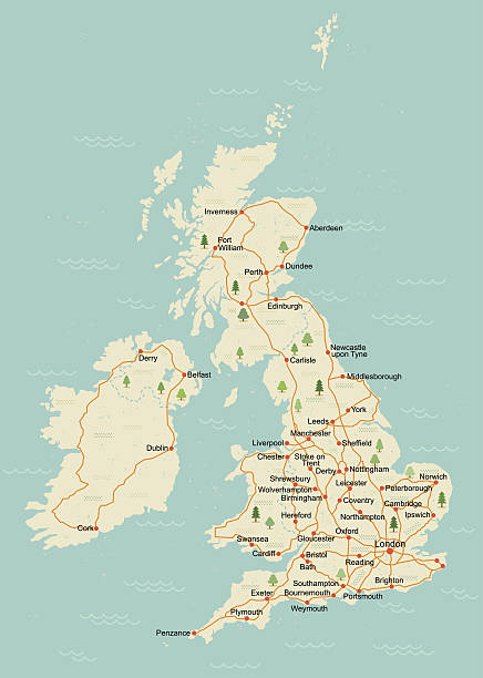 Simple UK map A simple UK map with roads and major towns and cities named. There is a very slight grunge texture on sea and land, this is on separate layers and are easy to remove. 11 layers in all. oxfordshire stock illustrations