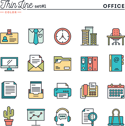Office things, thin line color icons set, vector illustration