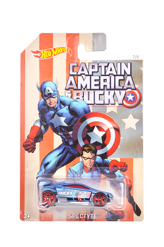 Adelaide, Australia - April 05, 2016:An isolated shot of an unopened Captain America Hot Wheels Diecast Toy Car from the Marvel Comics universe.Merchandise from the Marvel Comics movies are highy sought after collectables.