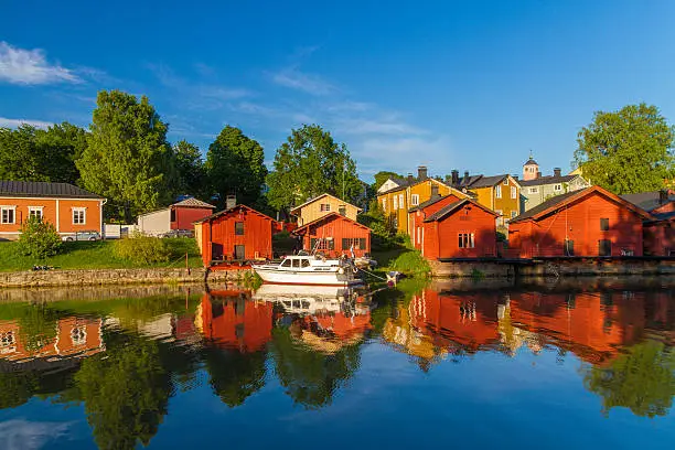 Scenery of wood houses over the river in Porvoo