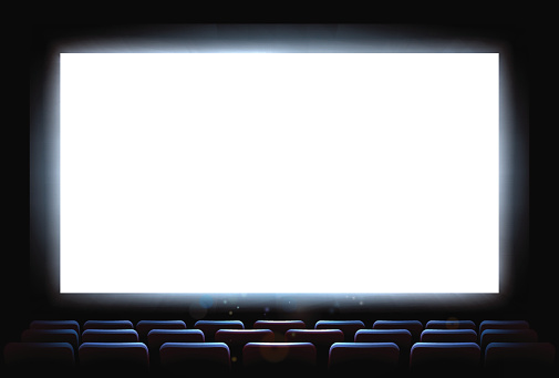 An illustration of the interior of a cinema movie theatre with copyspace on the  screen