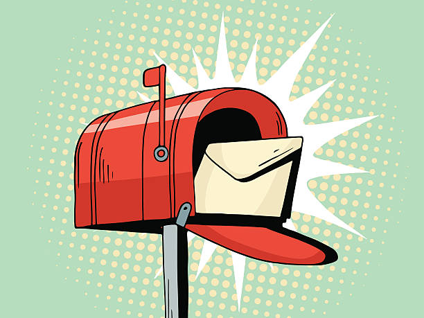 Cartoon pop art red mailbox send letter Cartoon pop art red mailbox send letter. Comic hand drawn illustration - mail delivery with envelope. Vector isolated on blue halftone background. mailbox stock illustrations