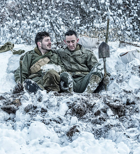 WWII US Army Soldier Buddies Joking In Foxhole