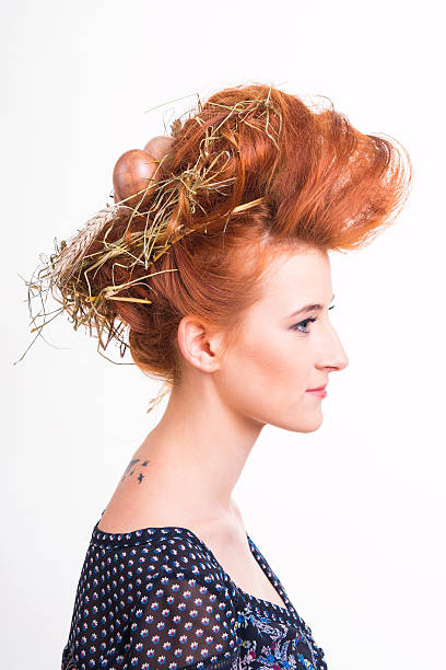 Styling hair in the form of a bird's nest stock photo
