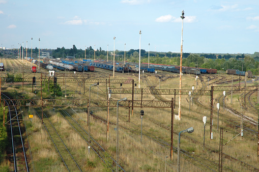 Railway tracks and trains standing on siding in Poznan, Poland