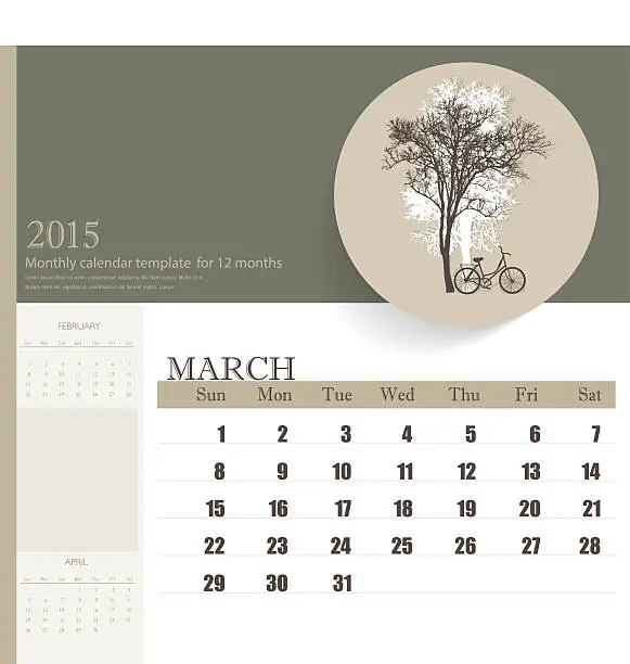 Vector illustration of 2015 calendar, monthly calendar template for March.