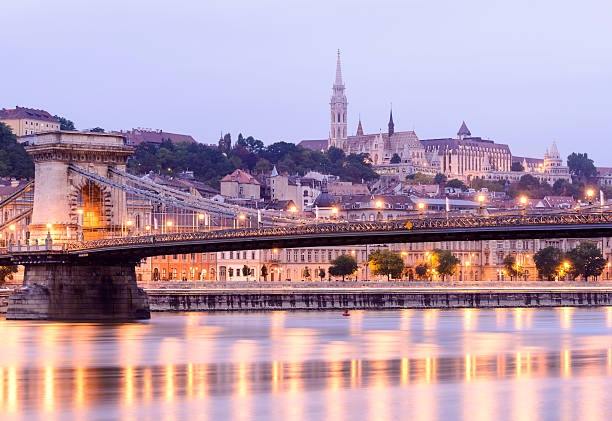 The Chain Bridge and Fisherman's Bastion at twilight, Budapest, Hungary.