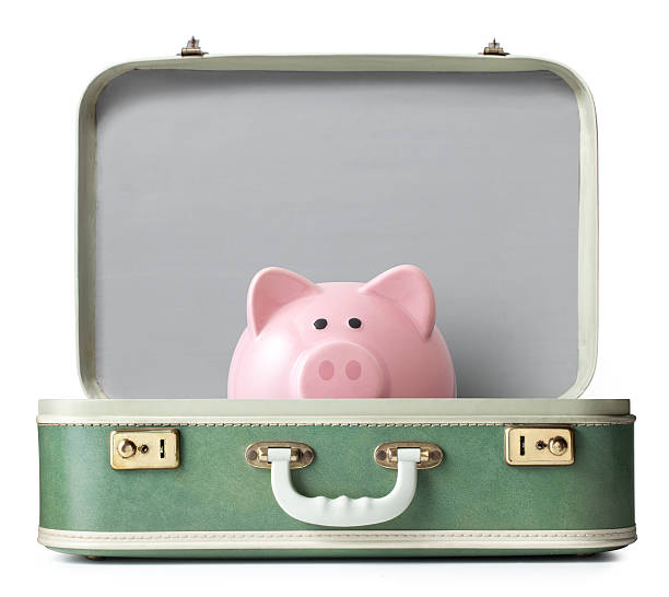 Piggy bank on a suitcase Piggy bank on a suitcase. suitcase luggage old fashioned obsolete stock pictures, royalty-free photos & images