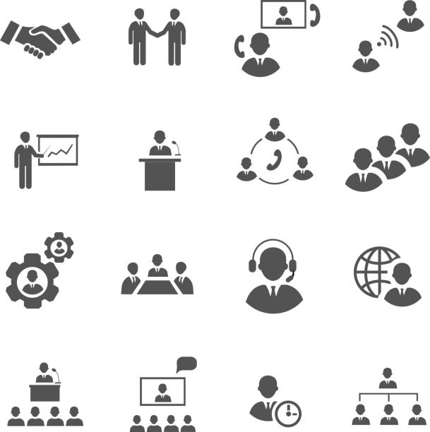 бизнес люди онлайн-совещания стратегических пиктограммы набор презентации, конференции - business meeting mediation discussion stock illustrations