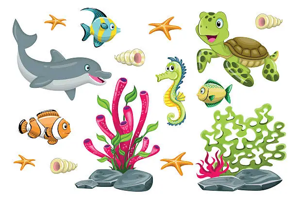 Vector illustration of Set of cartoon marine animals