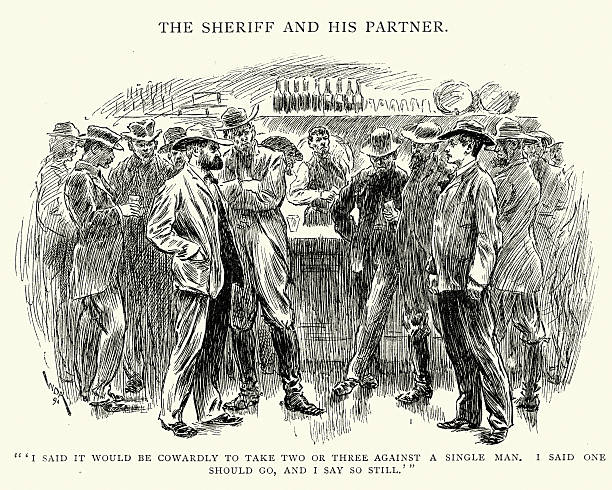 Vintage engraving of a stand off between a Sheriff and an outlaw in a wild west saloon, 1892