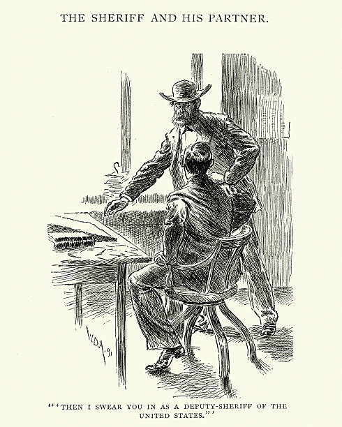 Vintage engraving of a wild west sheriff swearing in a deputy. 1892
