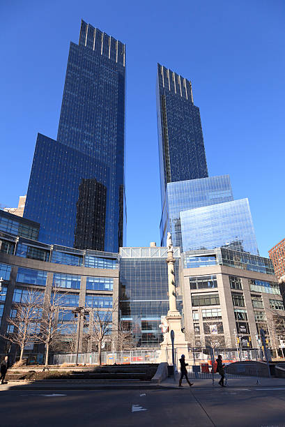 Time Warner Center New York, NY, USA - February 18, 2013: The Time Warner Center: Architecture view of Columbus Circle in New York. Columbus Circle with famous Time Warner Center skyscrapers completed in 2003 is one of New York landmarks. time warner center columbus circle pictures stock pictures, royalty-free photos & images