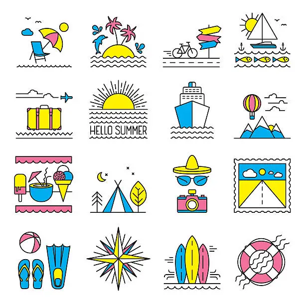 Vector illustration of Flat line summer icons