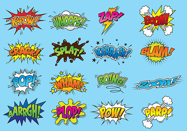 Comic/Cartoon Sound Effects Sixteen brightly coloured sound effect graphics using hand drawn type, halftone patterns and line-art. comic stock illustrations