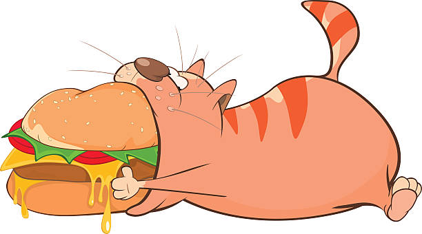 ilustraciones, imágenes clip art, dibujos animados e iconos de stock de ilustración de lindo gato y grandes hamburguesa - illustration and painting sandwich hungry beef